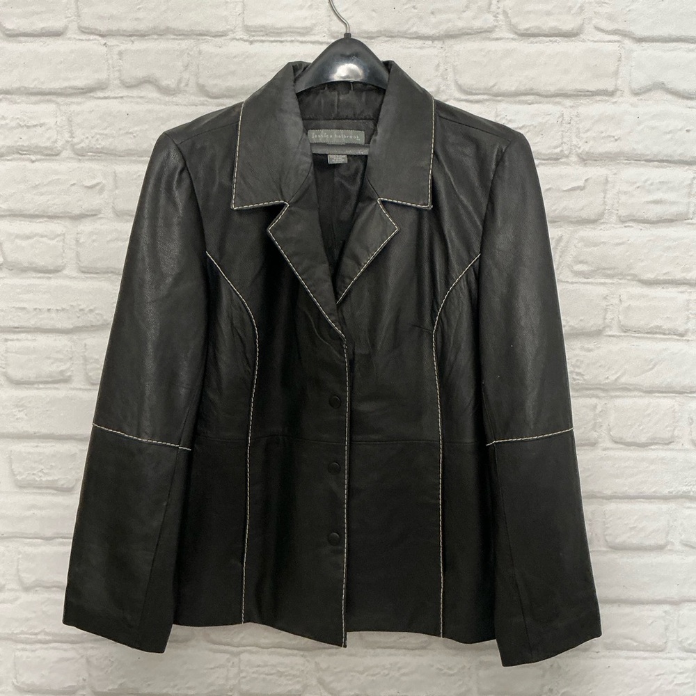 Jessica Holbrook Snap-Front Black Leather Jacket | Women’s Size Medium | BX22